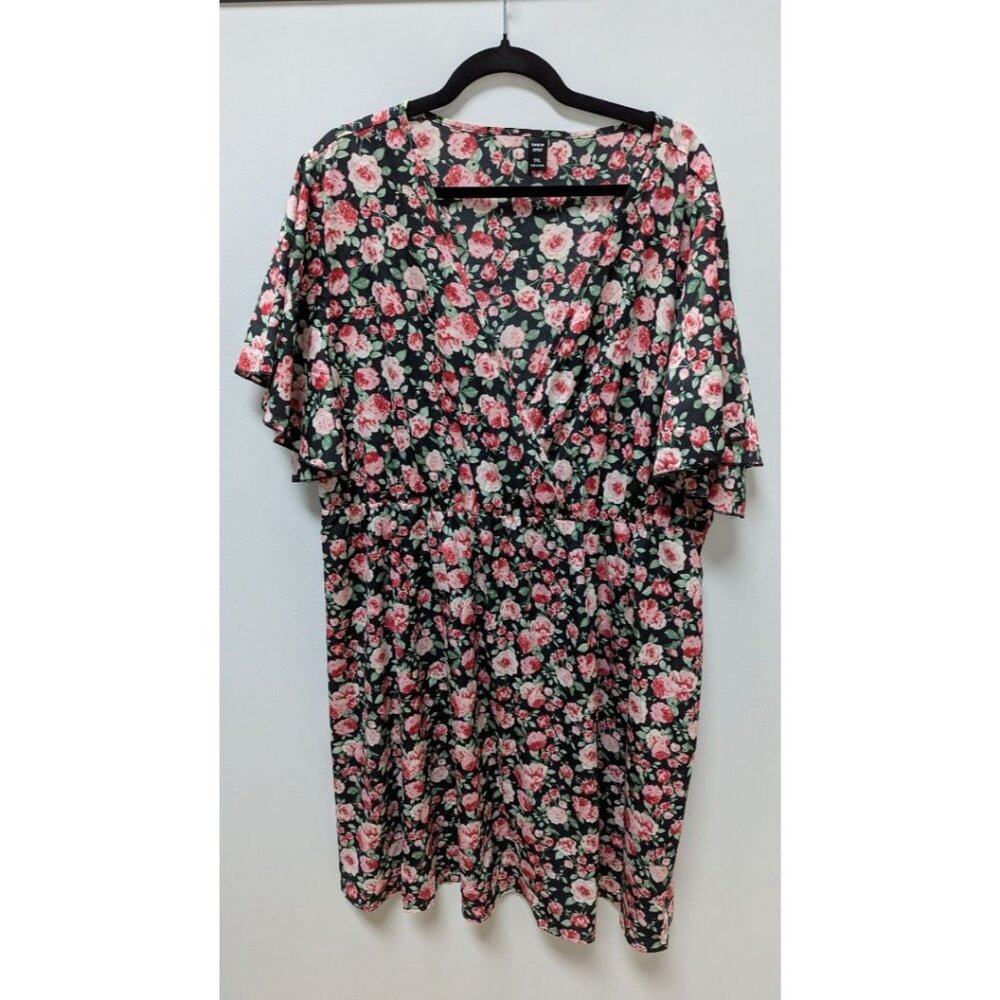 Shein Black/Pink Floral Short-Sleeve Midi Dress
